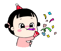 a little girl wearing a party hat is blowing confetti out of a party horn