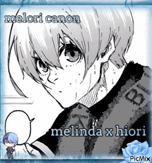 a black and white drawing of a girl with the words melinda x hiori on it