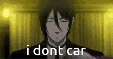 a man in a suit and tie is standing in front of a yellow curtain and saying `` i dont car '' .
