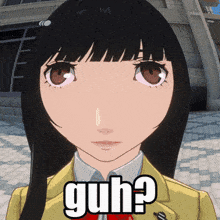 a girl with black hair is wearing a yellow jacket and a red bow tie and says guh ?