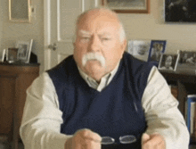 a man with a mustache wearing glasses and a blue sweater