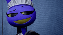 a blue cartoon character is wearing a maid costume