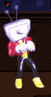 a cartoon character with a remote control on his head is standing in a dark room .