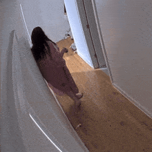 a woman is walking down a hallway with a pink robe on