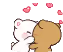 a couple of teddy bears are kissing each other with hearts floating in the air .