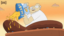 a cartoon of an old man holding a bag of cheese chips