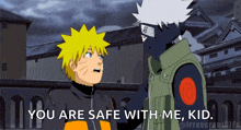 a cartoon of naruto and kakashi talking with the words " you are safe with me kid "