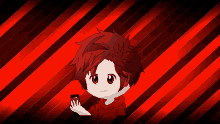 a red and black striped background with a person holding a card