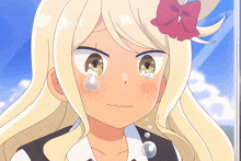 a cartoon girl with blonde hair and a red bow on her hair is crying