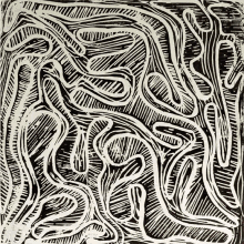 a black and white drawing of a maze with lines and swirls