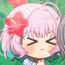 a cartoon girl with pink hair and a red flower in her hair is making a funny face .