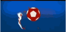 a cartoon character is flying through the air over a red and white circle .