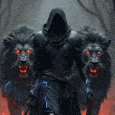 a man in armor with red eyes is surrounded by two lions