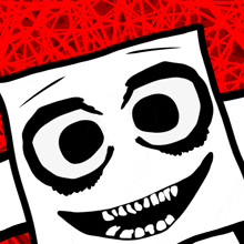 a black and white drawing of a cartoon character 's face with a red background