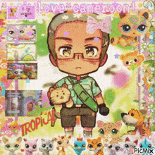 a picture of a boy holding a stuffed animal with the words tropical on the bottom right