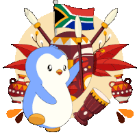 a cartoon penguin is standing in front of a flag and a drum