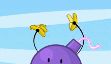 a purple bomb with a smile on its face is surrounded by bananas and cotton candy