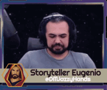 a man with a beard wearing headphones with the name storyteller eugenio on the bottom