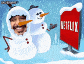 a cartoon of two snowmen with a man 's face in the middle and a netflix sign in the background