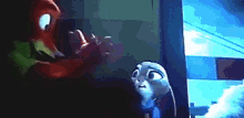 a couple of cartoon characters are standing next to each other in a room .
