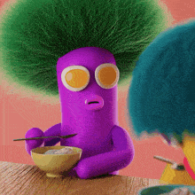 a purple cartoon character with green hair is eating cereal