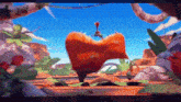 a cartoon scene with a large orange object in the foreground and a blue sky in the background