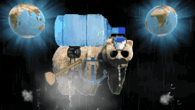 a bear with a bottle of water on its back and a mustache