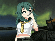 a cartoon girl with green hair and a yellow tie smoking a cigarette