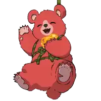 a cartoon drawing of a red teddy bear holding a yellow object