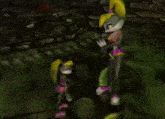 two cartoon characters are standing next to each other in a dark cave
