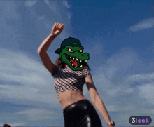a cartoon of a woman with a crocodile mask on her head