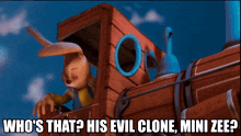 a cartoon of a rabbit on a train with the caption who 's that ? his evil clone mini zee