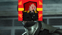 a man wearing a helmet has a pixelated image of a man behind him