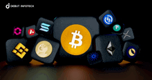 a bunch of crypto tokens are stacked on top of each other with the debut infotech logo in the corner