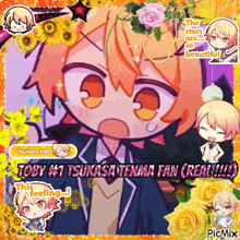 a picture of a boy with the words toby # 1 tsukasa tenma fan real on it