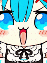 a cartoon drawing of a girl with blue hair making a surprised face
