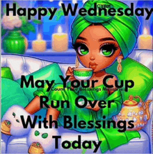 a girl in a green turban is sitting on a couch holding a cup of coffee .