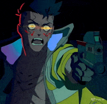 a cartoon drawing of a man holding a gun with the word viciu at the bottom left
