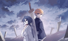 a boy and a girl are standing back to back with swords