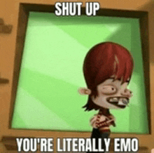 a cartoon character is standing in front of a green window .
