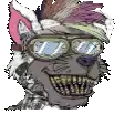 a cartoon of a cat wearing glasses and a feathered hat .