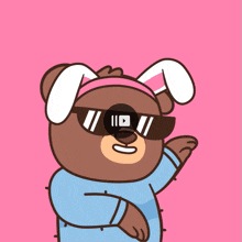 a cartoon of a bear wearing sunglasses and bunny ears on a pink background