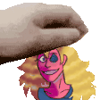 a hand is holding a woman 's head with a cartoon character on top of it .