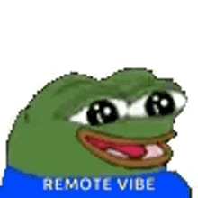a green frog wearing a blue shirt with the words `` remote vibe '' on it .