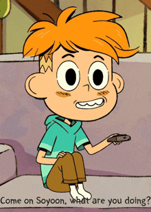a boy with orange hair is sitting on a couch holding a remote control with the words come on soyoon what are you doing