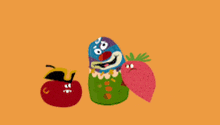 a cartoon character is surrounded by strawberries and a red apple