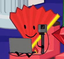a cartoon drawing of a red fan using a laptop