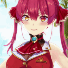 a close up of a girl with red hair and a badge that says ' captain ' on it