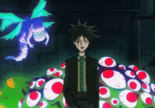 a man in a suit stands in front of a monster with a lot of eyes