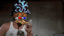 a man wearing a duck mask smoking a cigarette